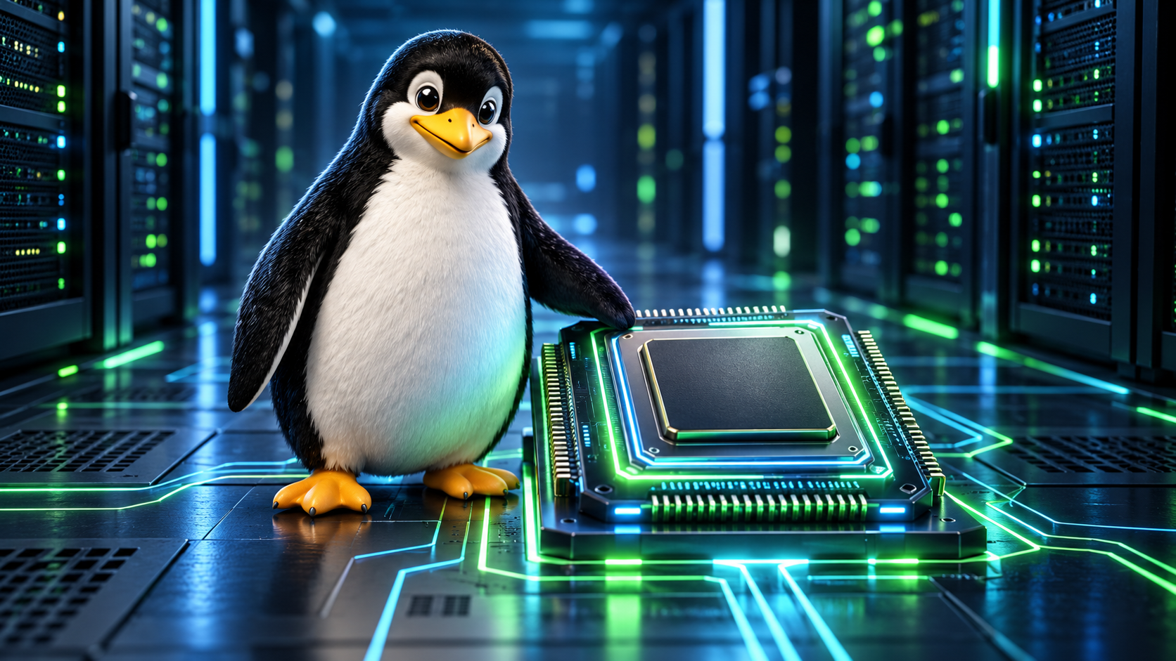 Иллюстрация ядра Linux и серверной инфраструктуры